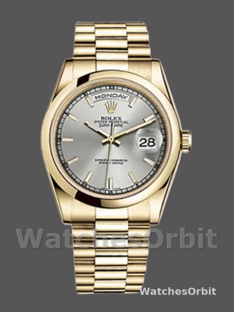 Rolex Day-Date 118208 Silver Dial Domed Bezel 36mm Unisex Replica Watch
