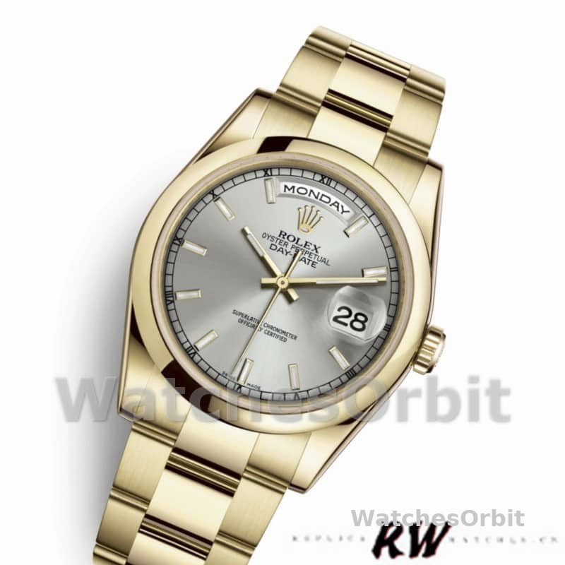 Rolex Day-Date 118208 Silver Dial Yellow Gold 36mm Unisex Replica Watch