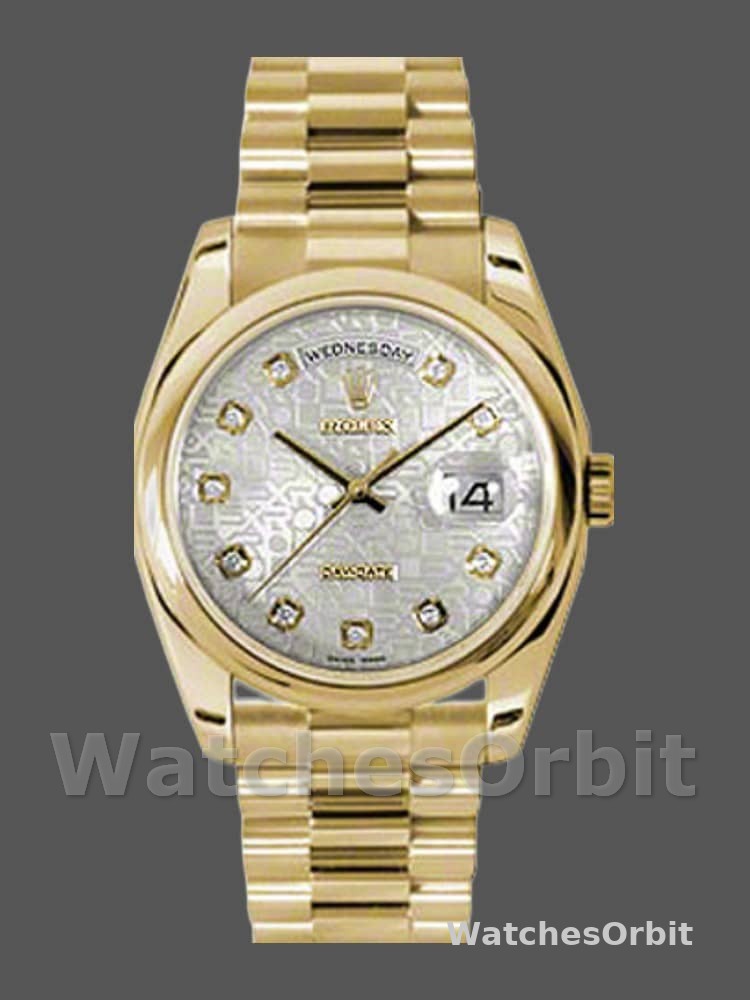 Rolex Day-Date 118208 Silver Diamond Jubilee Dial Yellow Gold 36mm Unisex Replica Watch