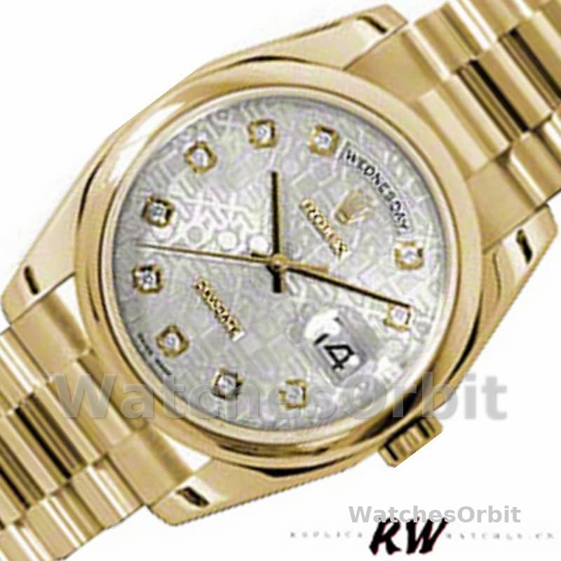 Rolex Day-Date 118208 Silver Diamond Jubilee Dial Yellow Gold 36mm Unisex Replica Watch