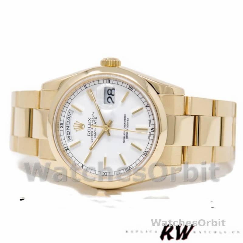 Rolex Day-Date 118208 White Dial Yellow Gold 36mm Unisex Replica Watch