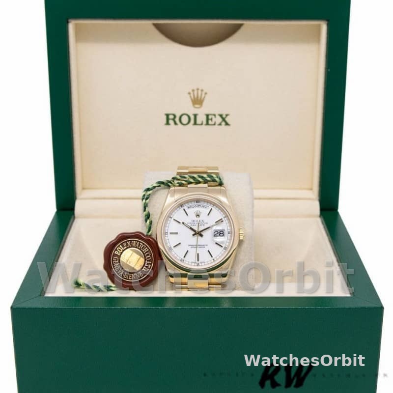 Rolex Day-Date 118208 White Dial Yellow Gold 36mm Unisex Replica Watch