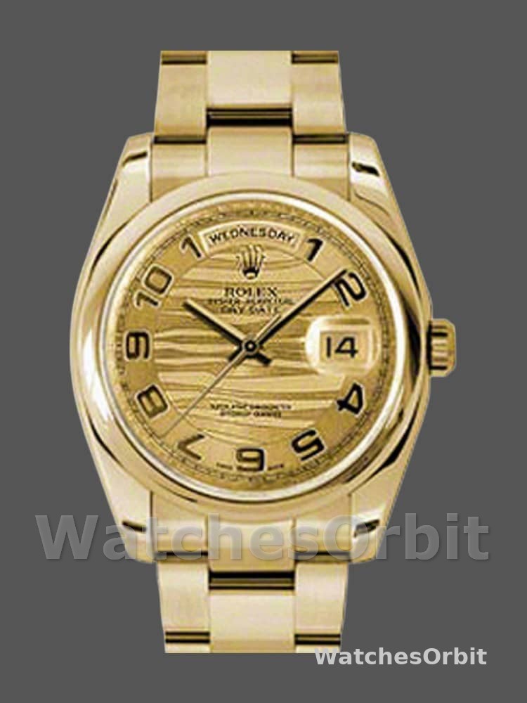 Rolex Day-Date 118208 Yellow Gold Arabic Numeral Wave Champagne Dial 36mm Unisex Replica Watch