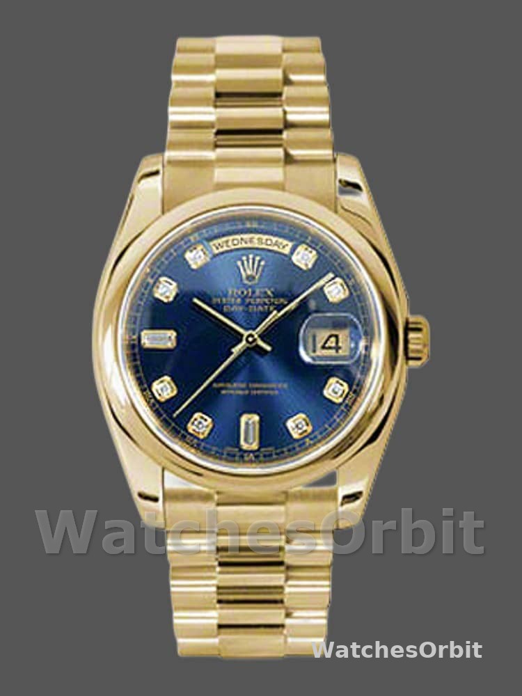 Rolex Day-Date 118208 Yellow Gold Blue Diamond Dial 36mm Unisex Replica Watch