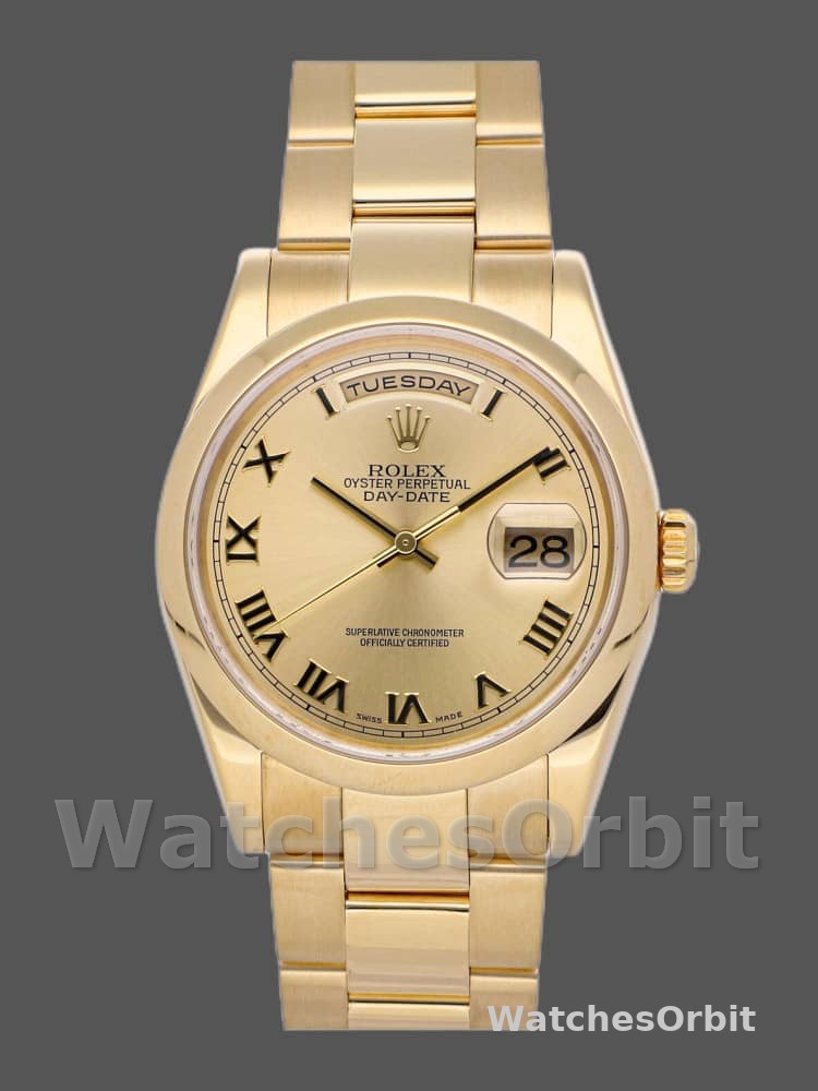 Rolex Day-Date 118208 Yellow Gold Champagne Dial Roman Numerals 36mm Unisex Replica Watch