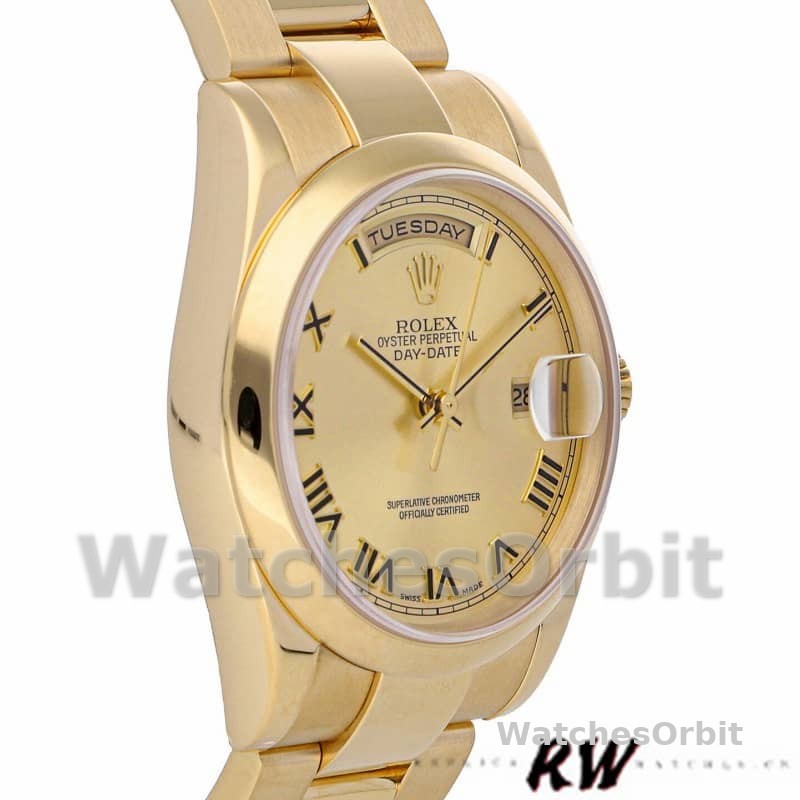 Rolex Day-Date 118208 Yellow Gold Champagne Dial Roman Numerals 36mm Unisex Replica Watch