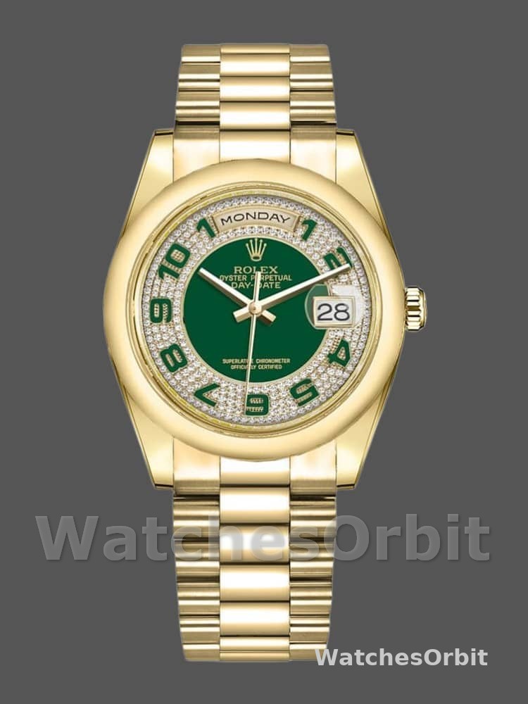 Rolex Day-Date 118208 Yellow Gold Green Diamond Paved Arabic Dial 36mm Unisex Replica Watch