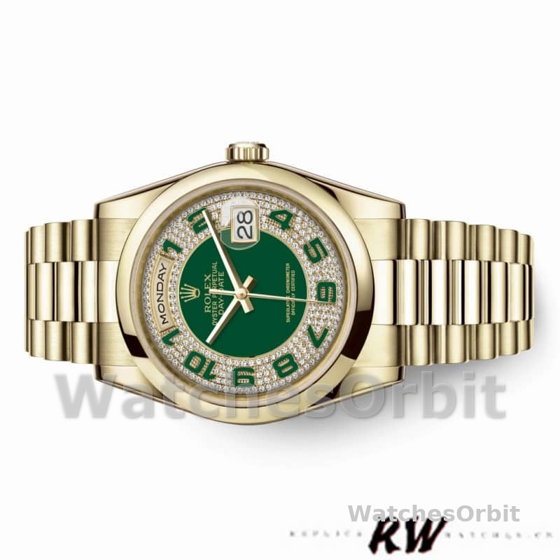 Rolex Day-Date 118208 Yellow Gold Green Diamond Paved Arabic Dial 36mm Unisex Replica Watch
