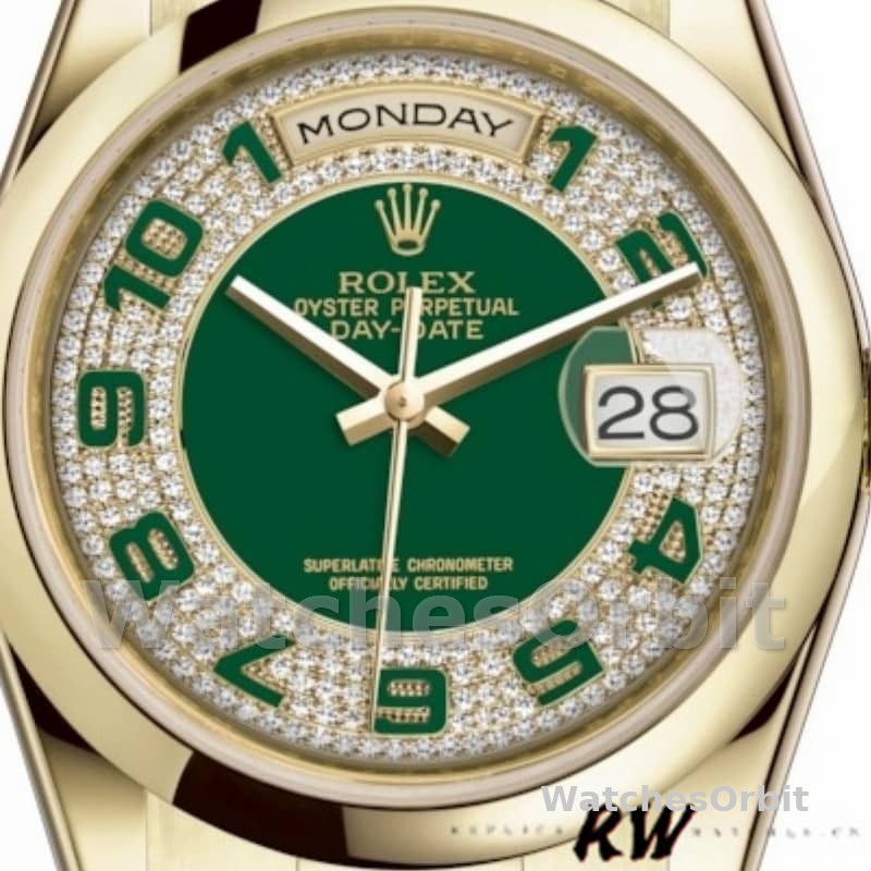 Rolex Day-Date 118208 Yellow Gold Green Diamond Paved Arabic Dial 36mm Unisex Replica Watch