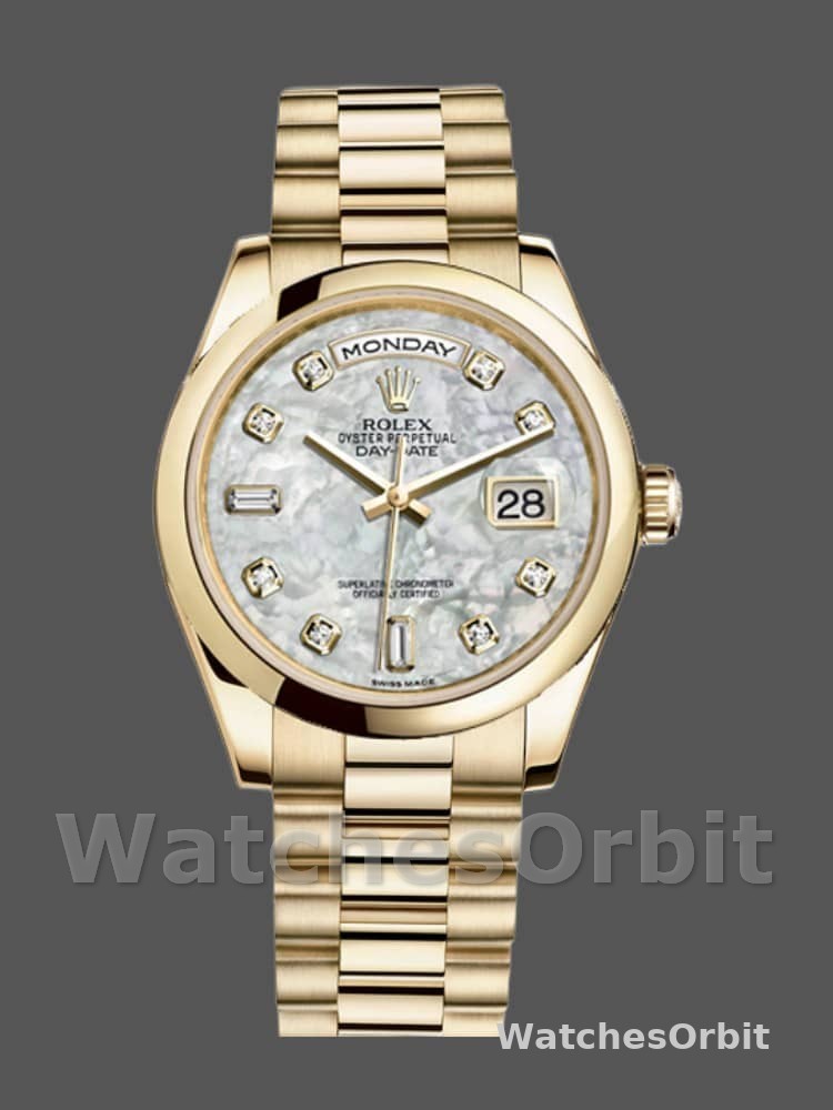 Rolex Day-Date 118208 Yellow Gold Mother of Pearl Diamond Dial 36mm Unisex Replica Watch