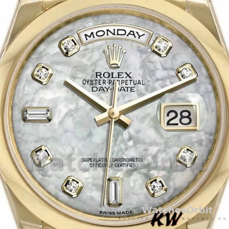 Rolex Day-Date 118208 Yellow Gold Mother of Pearl Diamond Dial 36mm Unisex Replica Watch