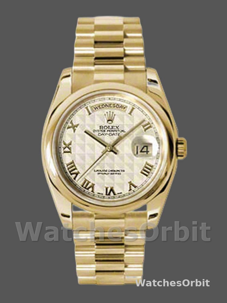 Rolex Day-Date 118208 Yellow Gold Roman Numeral Pyramid Ivory Dial 36mm Unisex Replica Watch