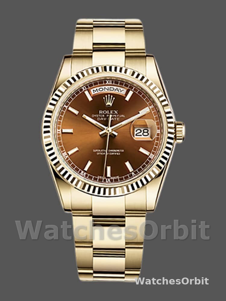 Rolex Day-Date 118238 Index Cognac Dial Fluted Bezel 36mm Unisex Replica Watch