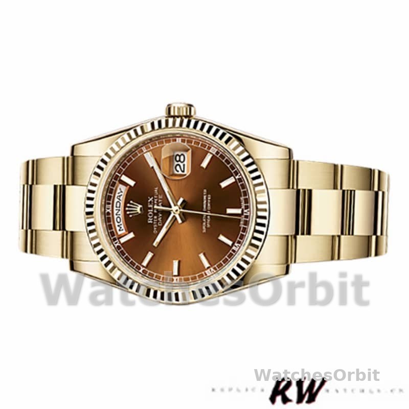 Rolex Day-Date 118238 Index Cognac Dial Fluted Bezel 36mm Unisex Replica Watch