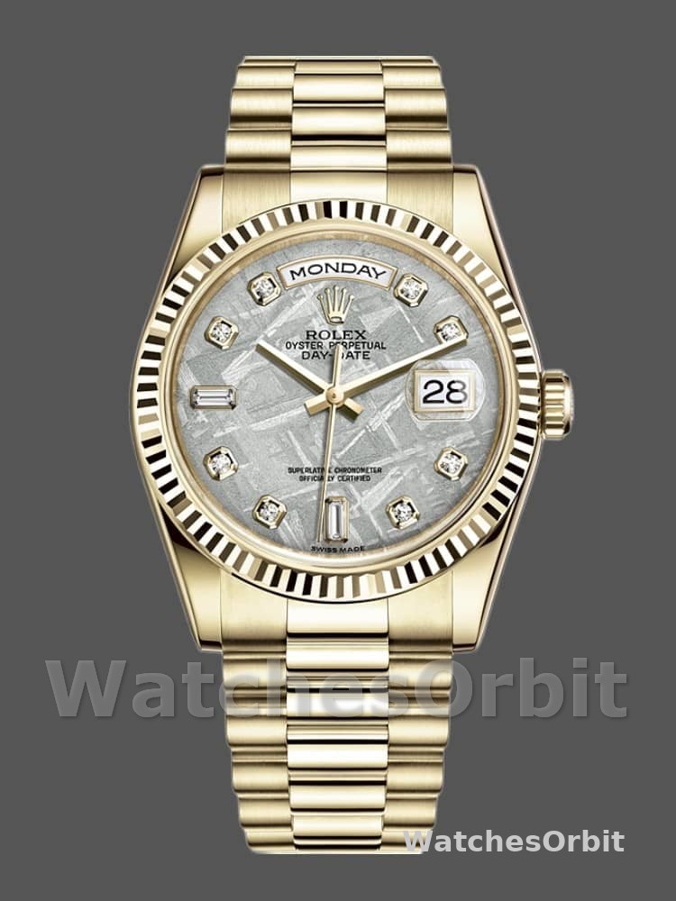 Rolex Day-Date 118238 Yellow Gold Diamond Meteorite Dial 36mm Unisex Replica Watch
