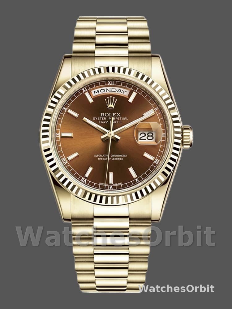 Rolex Day-Date 118238 Yellow Gold Index Cognac Dial 36mm Unisex Replica Watch