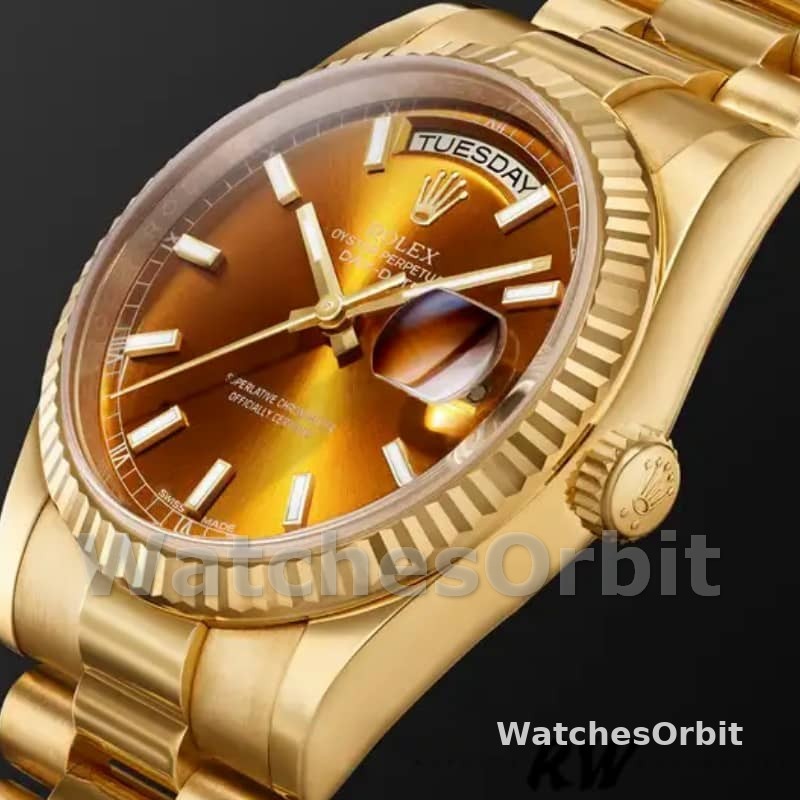 Rolex Day-Date 118238 Yellow Gold Index Cognac Dial 36mm Unisex Replica Watch