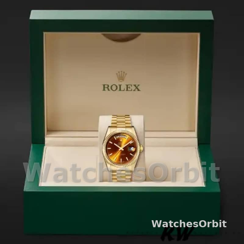 Rolex Day-Date 118238 Yellow Gold Index Cognac Dial 36mm Unisex Replica Watch