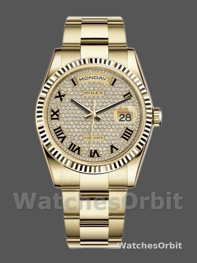 Rolex Day-Date 118238 Yellow Gold Pave diamond dial 36mm Unisex Replica Watch