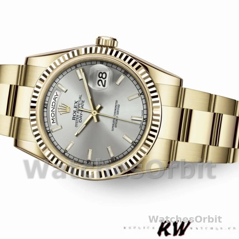 Rolex Day-Date 118238 Yellow Gold Silver dial Fluted Bezel 36mm Unisex Replica Watch