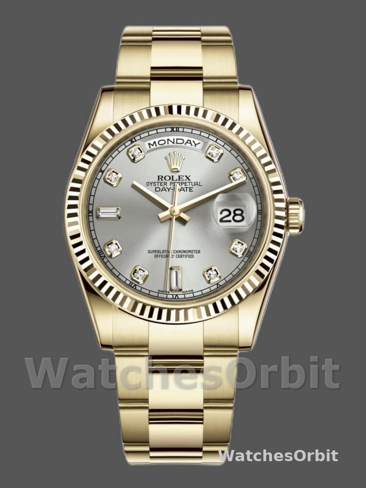 Rolex Day-Date 118238 Yellow Gold Silver Diamond Dial 36mm Unisex Replica Watch