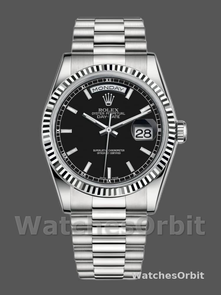 Rolex Day-Date 118239 White Gold Black Dial Fluted Bezel 36mm Unisex Replica Watch