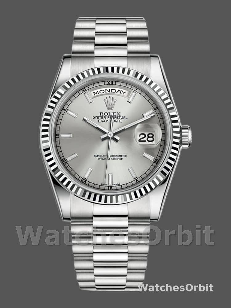 Rolex Day-Date 118239 White Gold Silver dial Fluted Bezel 36mm Unisex Replica Watch