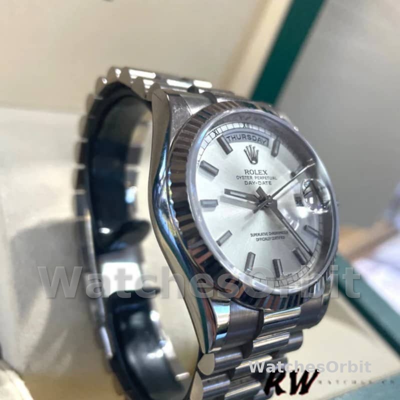 Rolex Day-Date 118239 White Gold Silver dial Fluted Bezel 36mm Unisex Replica Watch