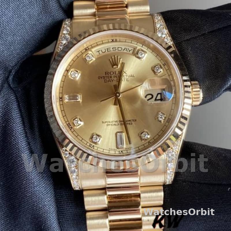 Rolex Day-Date 118338 Yellow Gold Champagne Diamonds Dial 36mm Unisex Replica Watch