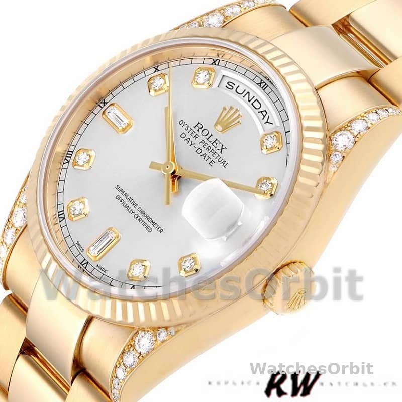 Rolex Day-Date 118338 Yellow gold Silver Diamond dial 36mm Unisex Replica Watch