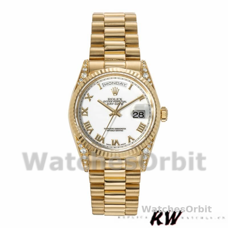 Rolex Day-Date 118338 Yellow gold White Roman Dial 36mm Unisex Replica Watch