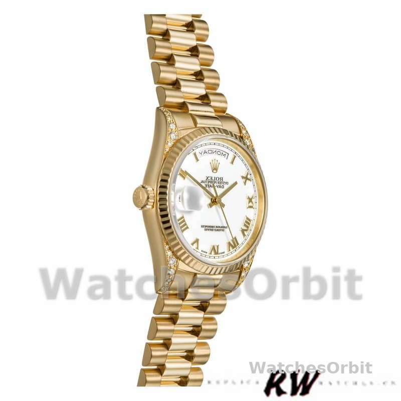 Rolex Day-Date 118338 Yellow gold White Roman Dial 36mm Unisex Replica Watch