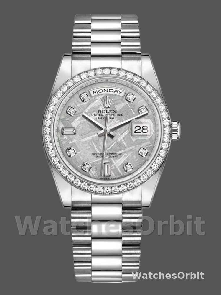 Rolex Day Date 118346 Platinum Diamond Bezel Meteorite Dial 36mm Unisex Replica Watch