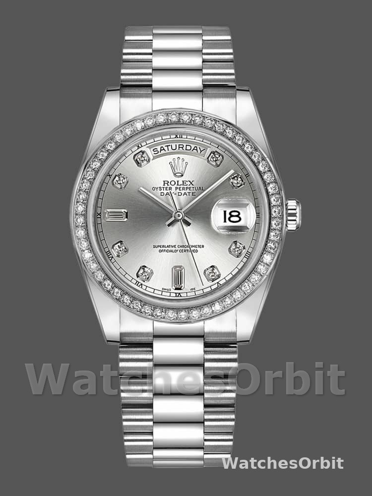 Rolex Day Date 118346 Silver Dial Diamond 36mm Unisex Replica Watch
