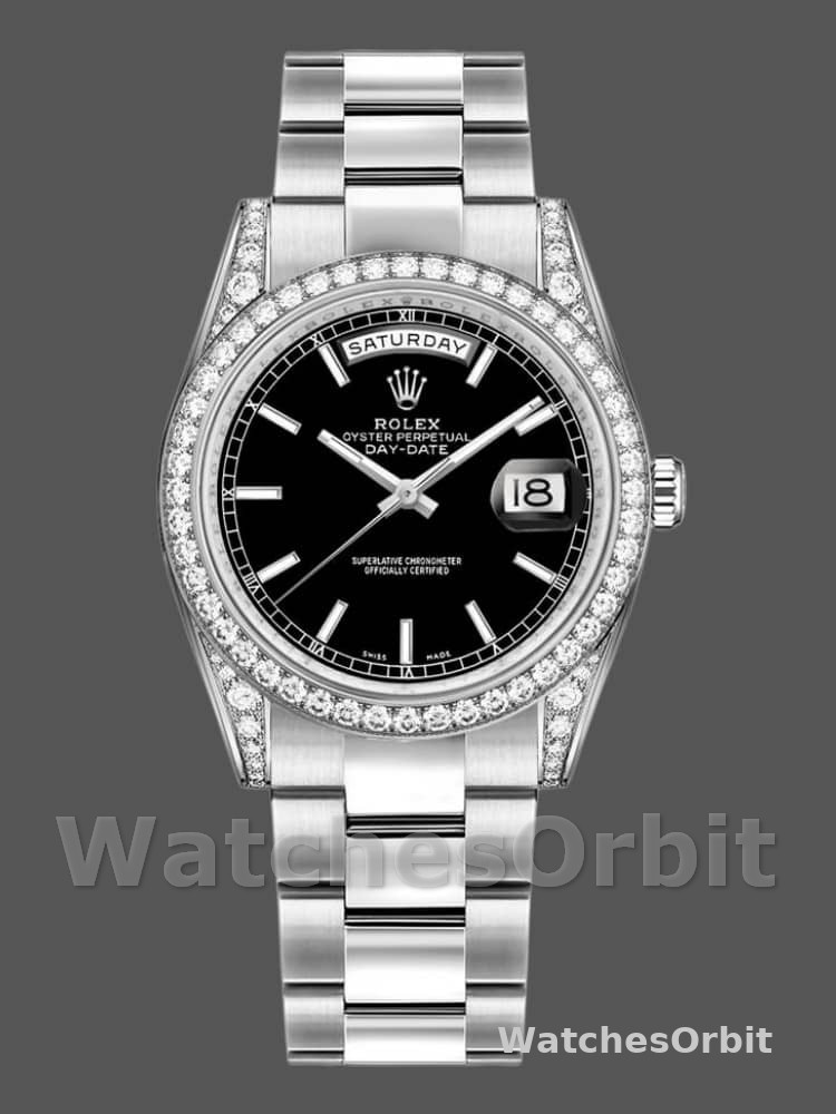 Rolex Day-Date 118389 Diamond Bezel Black Index Dial 36MM Unisex Replica Watch
