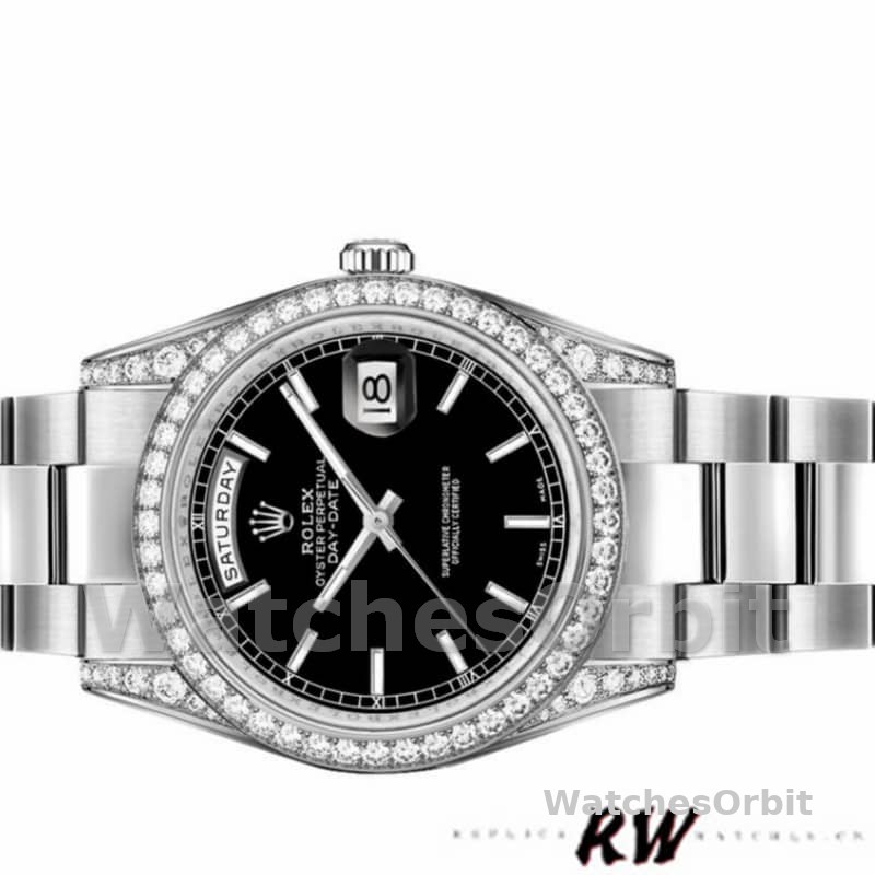 Rolex Day-Date 118389 Diamond Bezel Black Index Dial 36MM Unisex Replica Watch