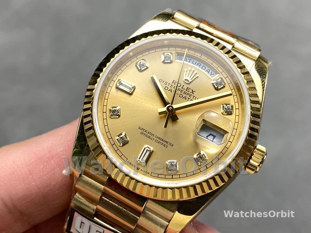 Rolex Day-Date 128238 0008 Fluted Bezel Champagne Diamond Dial 36MM Unisex Replica Watch