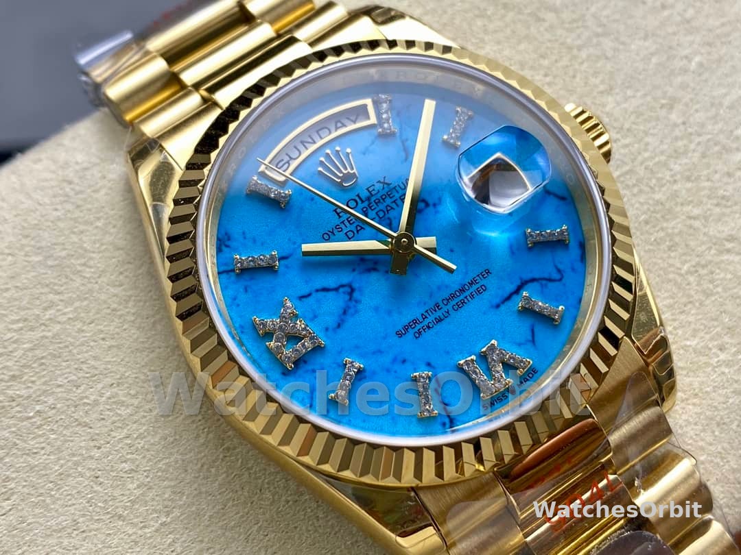 Rolex Day-Date 128238 Fluted Bezel Turquoise Diamond Dial 36MM Unisex Replica Watch