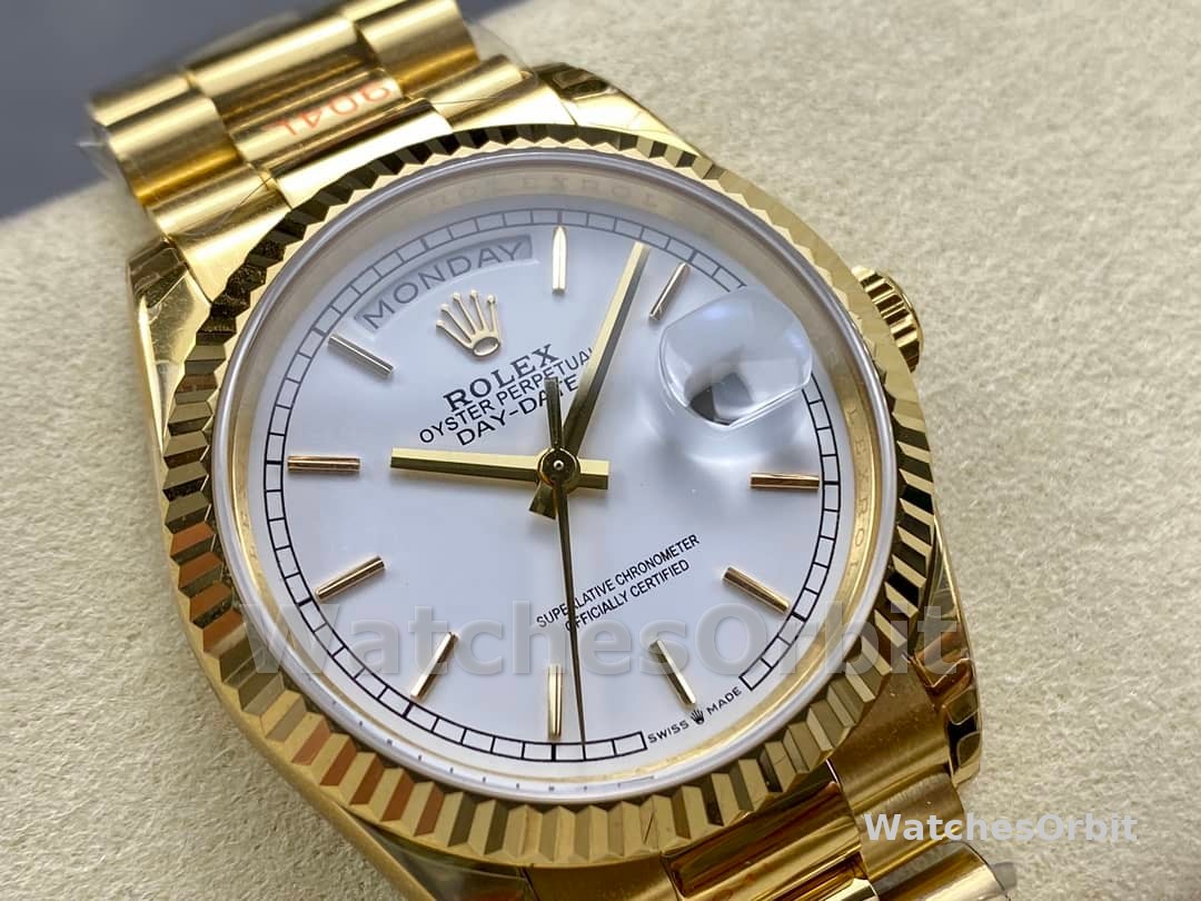 Rolex Day-Date 128238 Fluted Bezel White Roman Dial 36MM Replica Watch