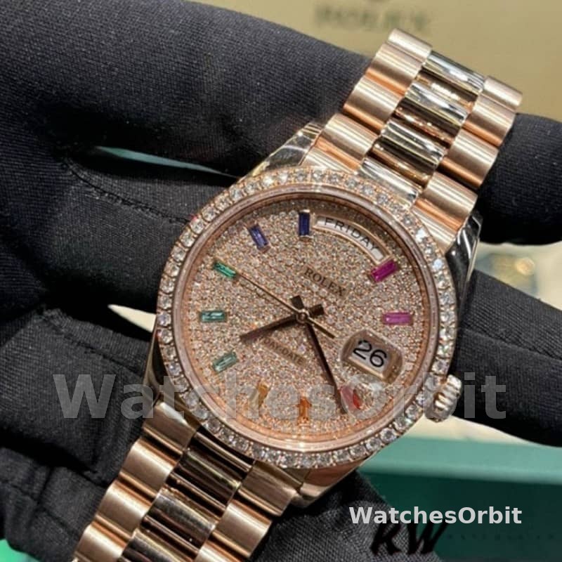 Rolex Day-Date 128345RBR Diamond Paved Dial Everose Gold 36MM Unisex Replica Watch