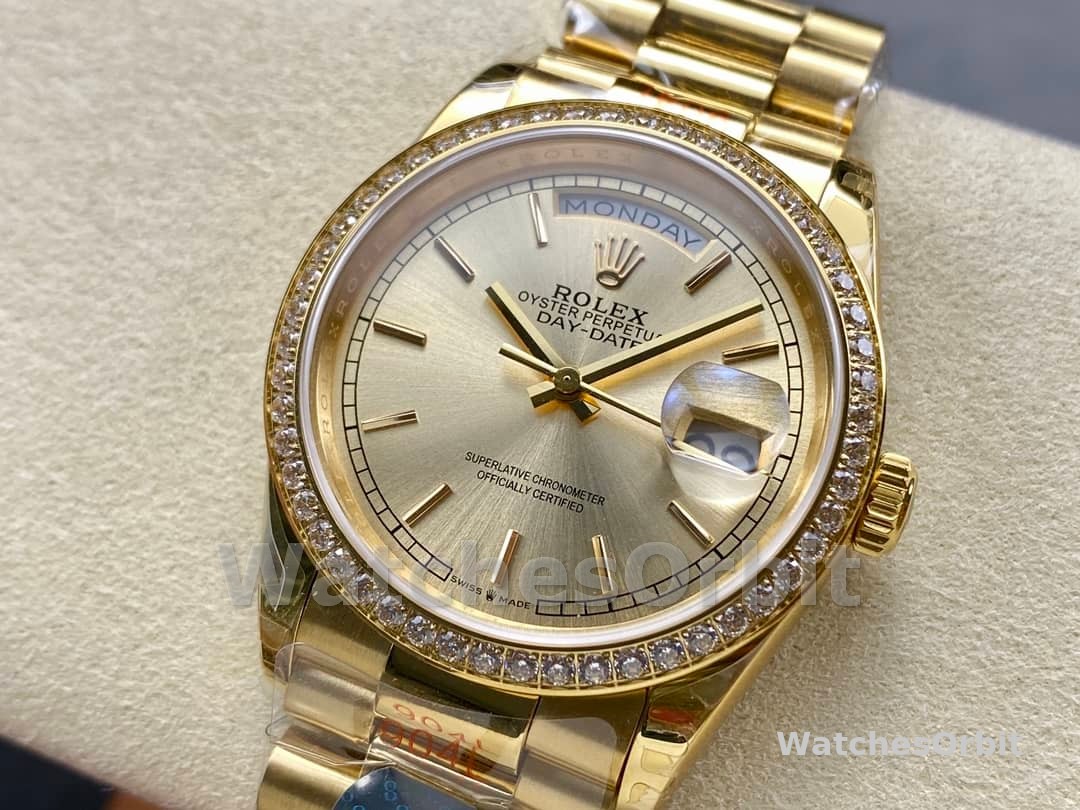 Rolex Day-Date 128348RBR Champagne Index Dial Yellow Gold 36MM Unisex Replica Watch
