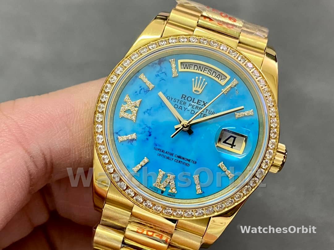Rolex Day-Date 128348RBR Turquoise Diamond Dial Yellow Gold 36MM Unisex Replica Watch
