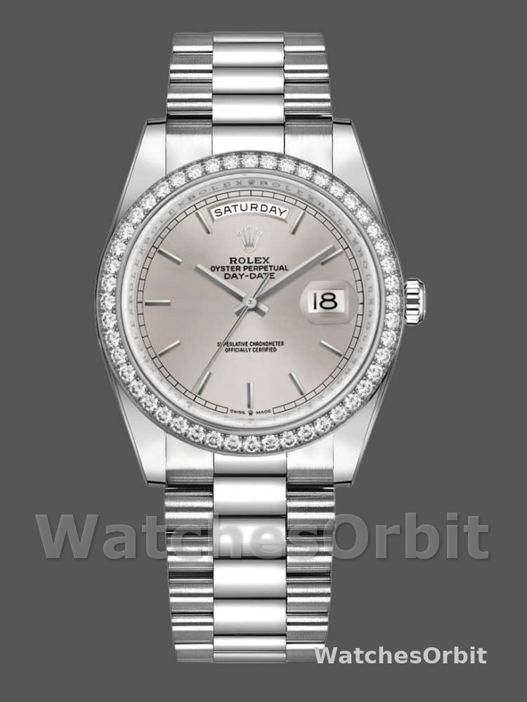 Rolex Day-Date 128349RBR Silver Index Dial Diamond Bezel 36MM Unisex Replica Watch