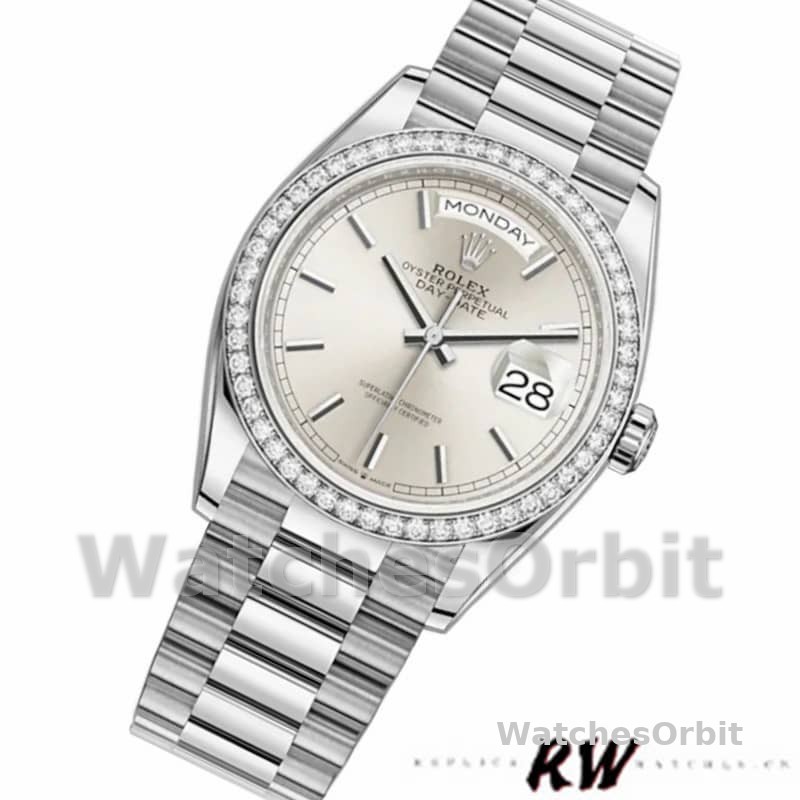 Rolex Day-Date 128349RBR Silver Index Dial Diamond Bezel 36MM Unisex Replica Watch