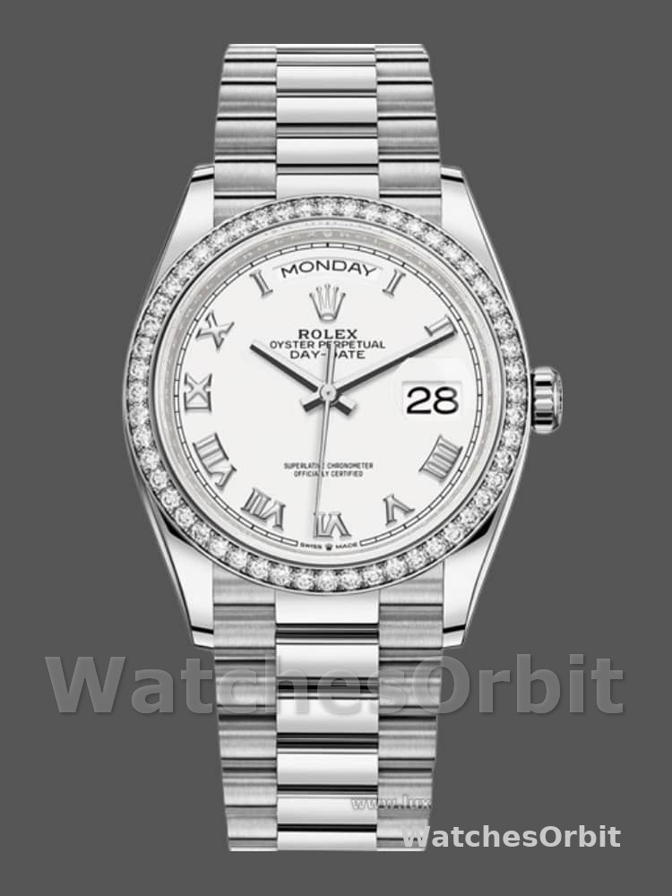 Rolex Day-Date 128349RBR White Roman Dial Diamond Bezel 36MM Unisex Replica Watch
