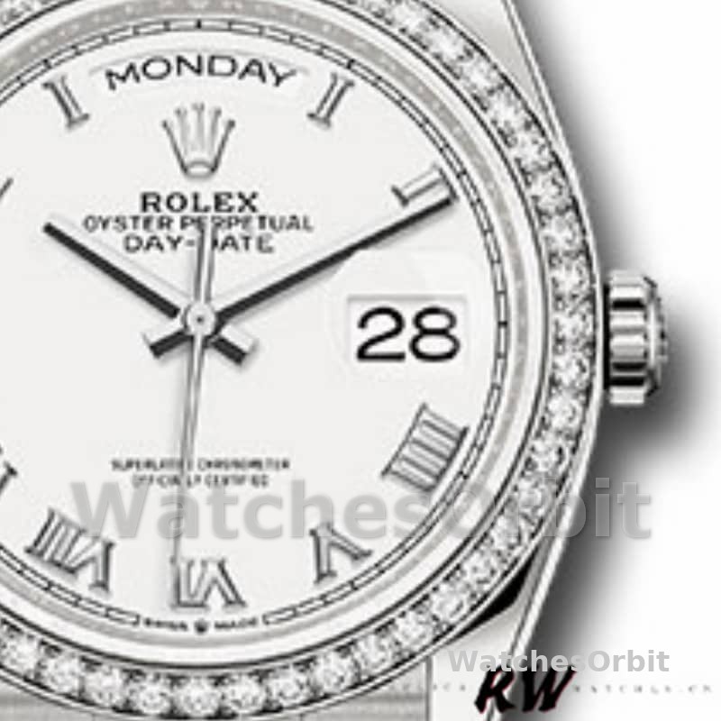 Rolex Day-Date 128349RBR White Roman Dial Diamond Bezel 36MM Unisex Replica Watch