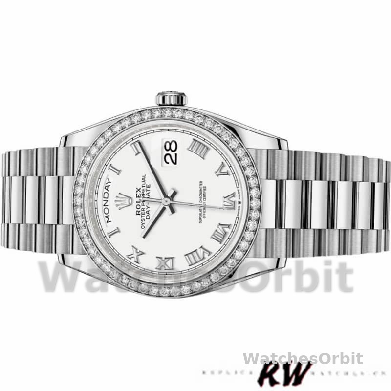 Rolex Day-Date 128349RBR White Roman Dial Diamond Bezel 36MM Unisex Replica Watch