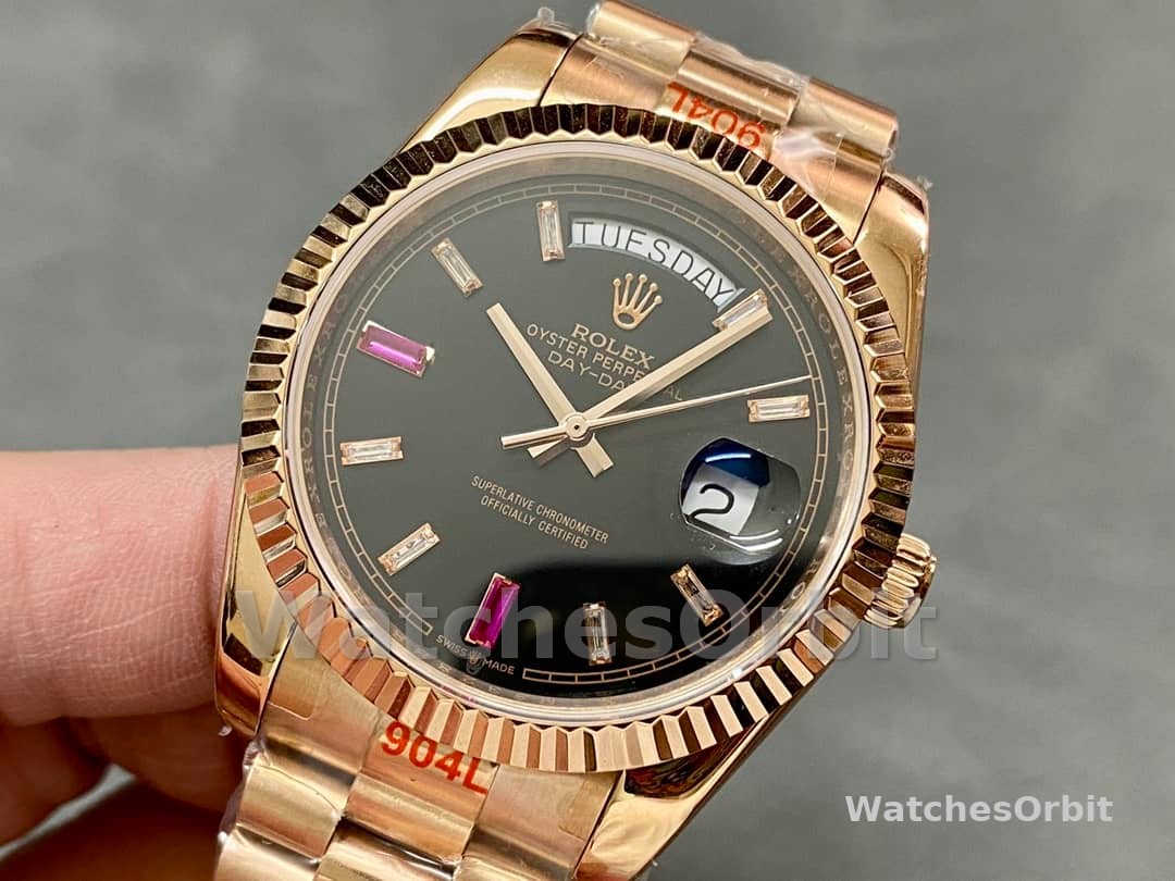 Rolex Day-Date 218235 Diamonds and Rubies Black Dial Rose Gold 41MM Mens Replica Watch