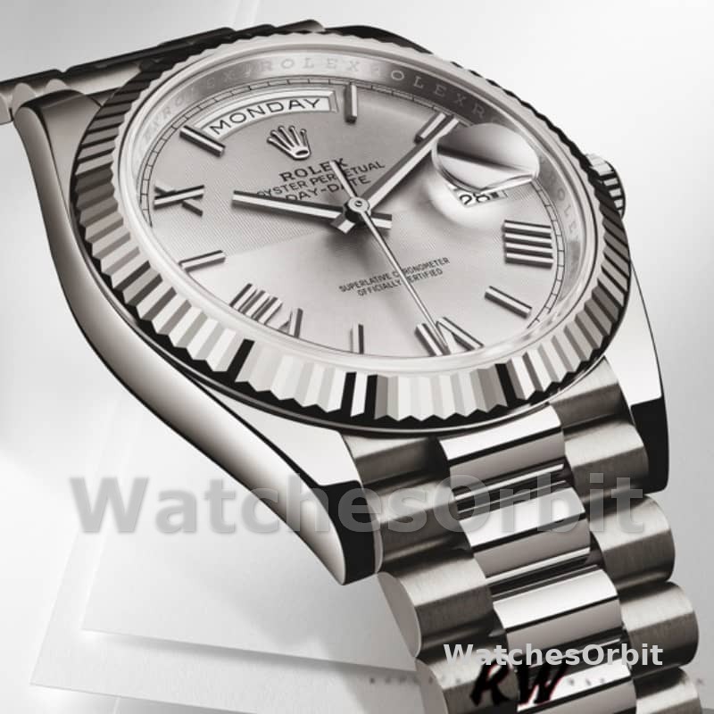 Rolex Day-Date 228239 Silver Quadrant Motif Roman Dial Fluted Bezel 40mm Mens Replica Watch