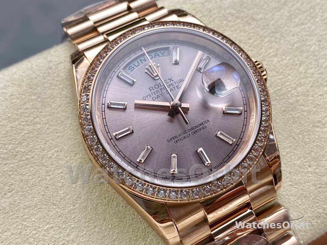Rolex Day-Date 228345RBR 0007 Sundust Diamond Dial Diamond Bezel 40mm Mens Replica Watch